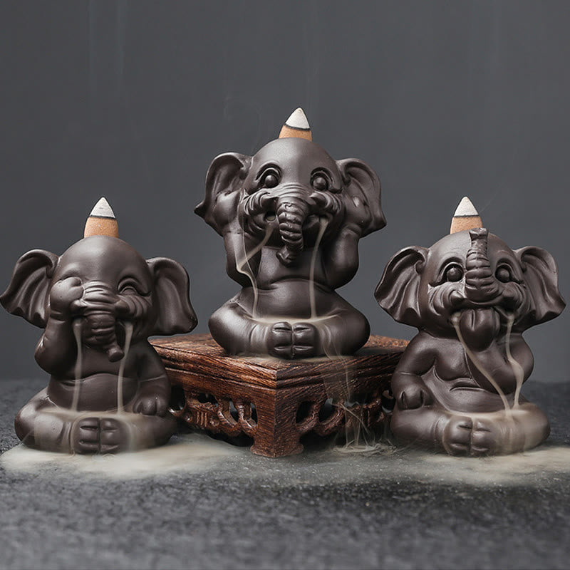 Cute Elephant Purple Clay Backflow Smoke Fountain Peace Incense Burner Decoration