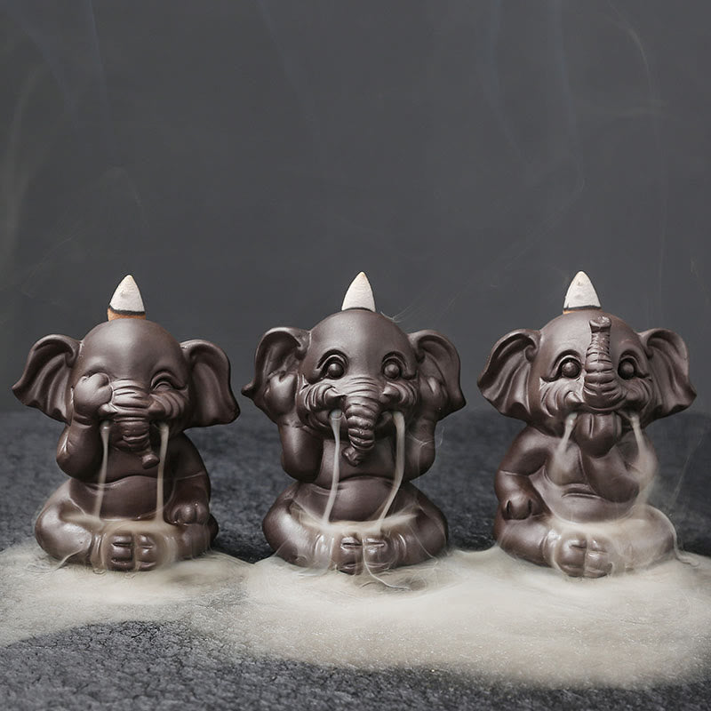 Cute Elephant Purple Clay Backflow Smoke Fountain Peace Incense Burner Decoration