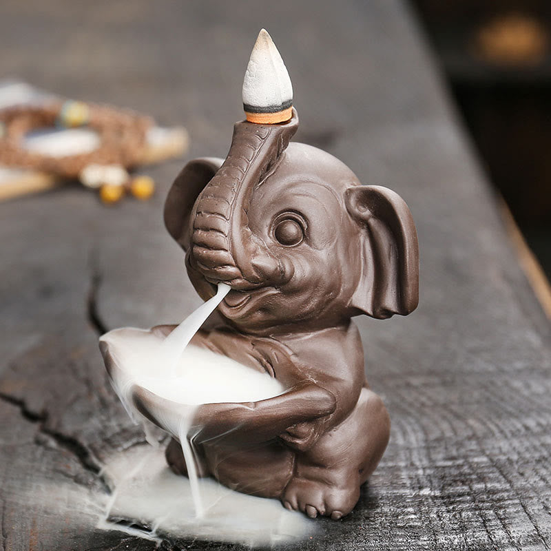 Little Elephant Holding Leaf Purple Clay Backflow Smoke Fountain Incense Burner Decoration