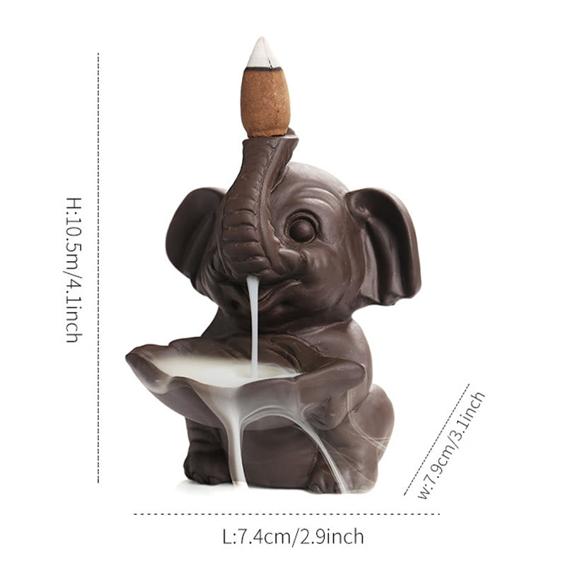 Little Elephant Holding Leaf Purple Clay Backflow Smoke Fountain Incense Burner Decoration