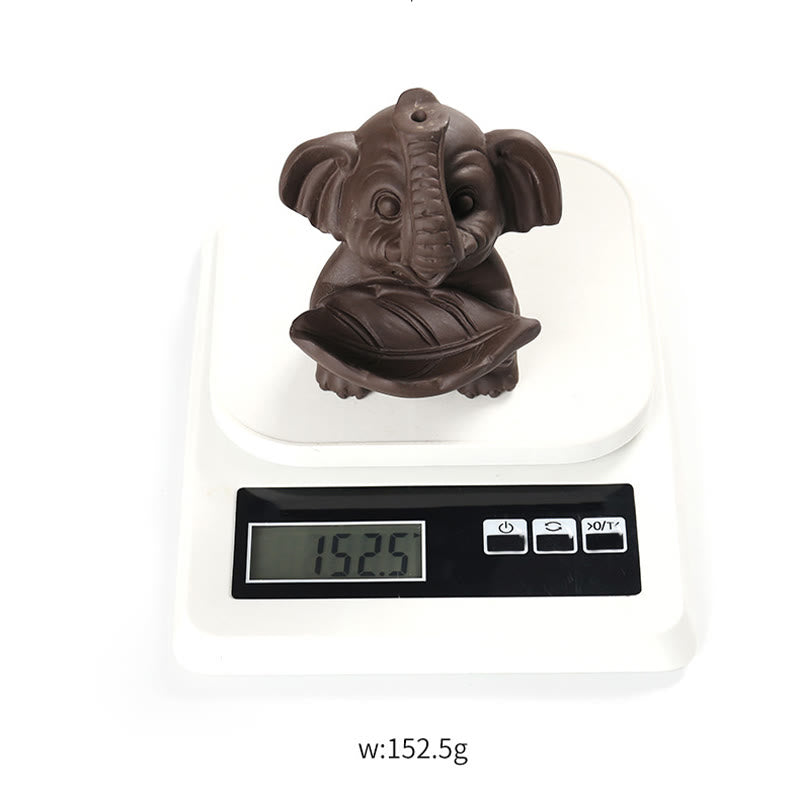 Little Elephant Holding Leaf Purple Clay Backflow Smoke Fountain Incense Burner Decoration