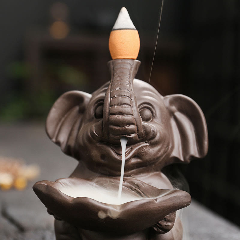 Little Elephant Holding Leaf Purple Clay Backflow Smoke Fountain Incense Burner Decoration
