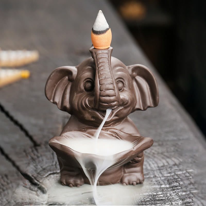 Little Elephant Holding Leaf Purple Clay Backflow Smoke Fountain Incense Burner Decoration