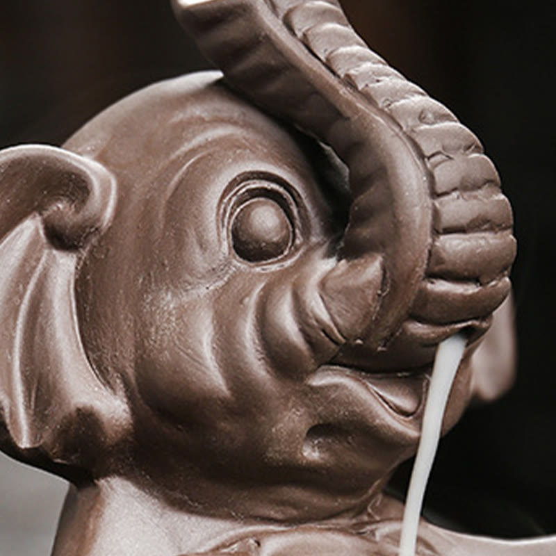 Little Elephant Holding Leaf Purple Clay Backflow Smoke Fountain Incense Burner Decoration
