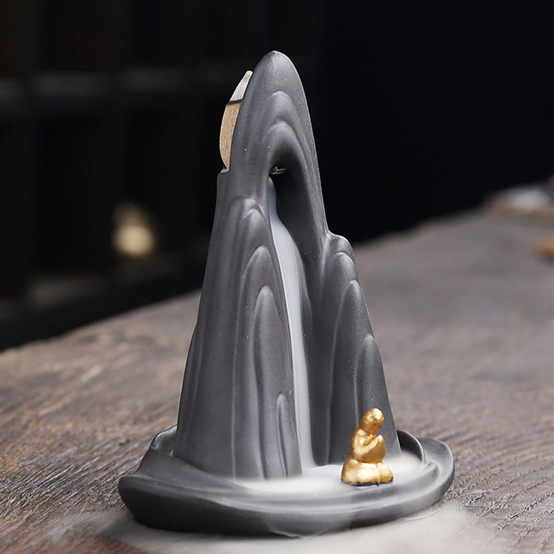Little Monk Mountains Flowing Water Purple Clay Ceramic Backflow Incense Burner Decoration