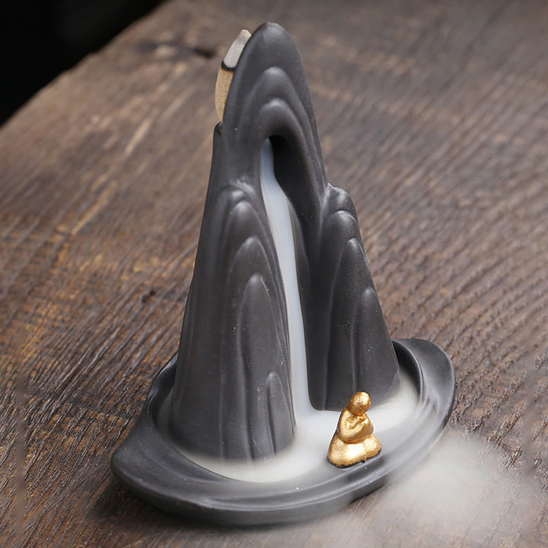 Little Monk Mountains Flowing Water Purple Clay Ceramic Backflow Incense Burner Decoration