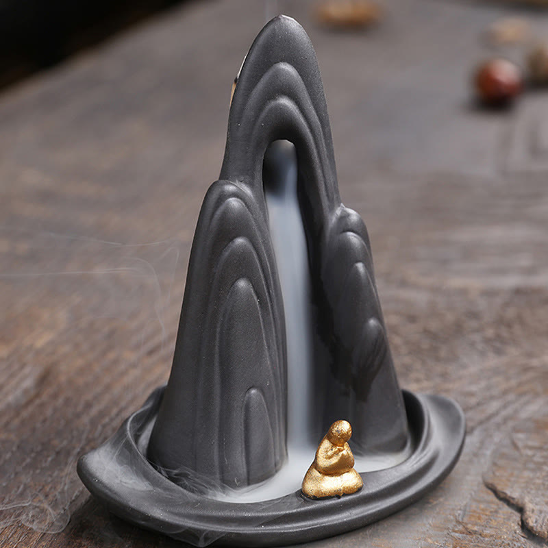 Little Monk Mountains Flowing Water Purple Clay Ceramic Backflow Incense Burner Decoration