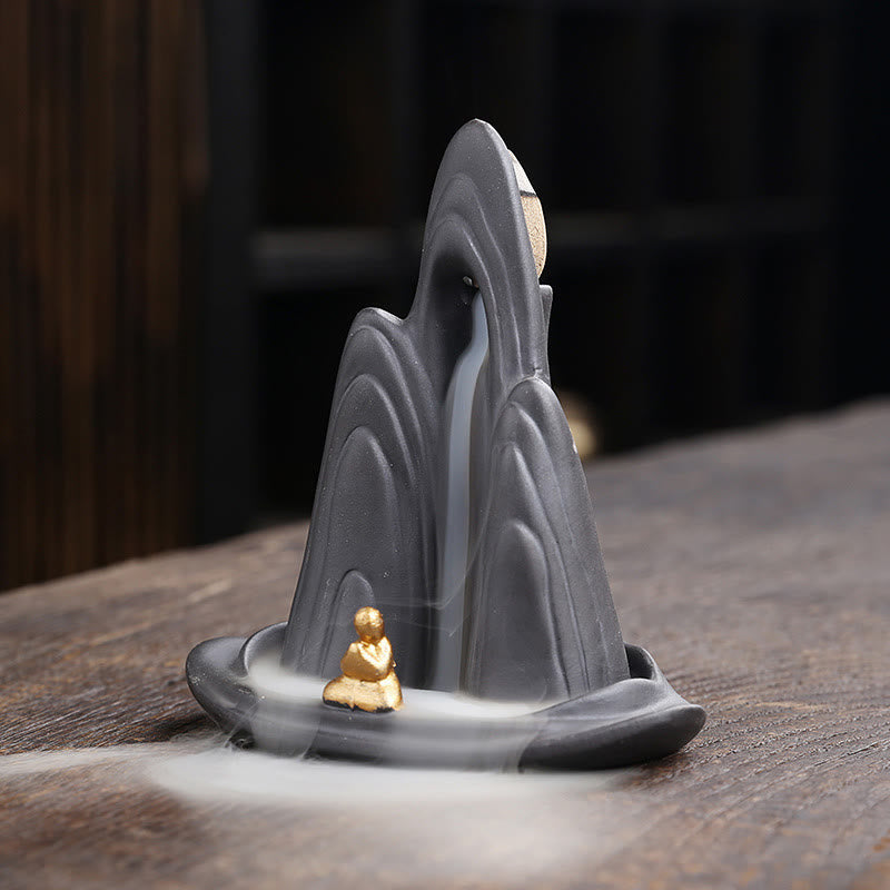 Little Monk Mountains Flowing Water Purple Clay Ceramic Backflow Incense Burner Decoration