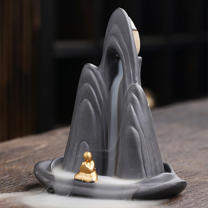 Little Monk Mountains Flowing Water Purple Clay Ceramic Backflow Incense Burner Decoration