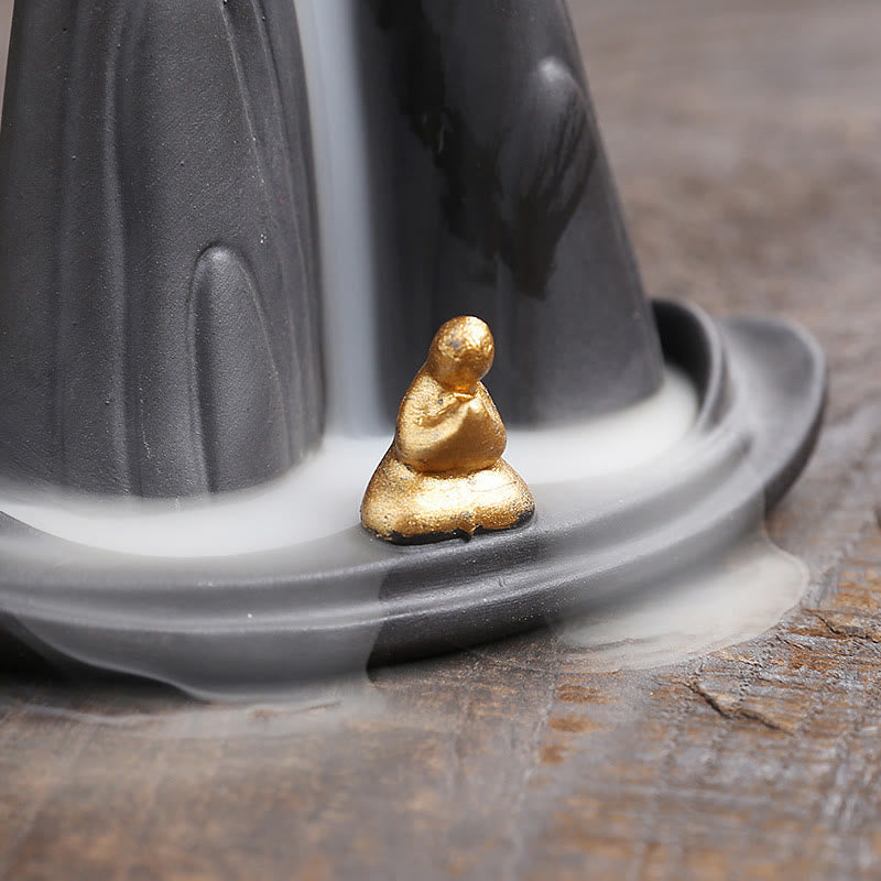 Little Monk Mountains Flowing Water Purple Clay Ceramic Backflow Incense Burner Decoration