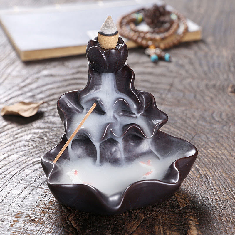 Lotus Leaf Koi Fish Ceramic Backflow Smoke Fountain Peace Incense Burner Decoration