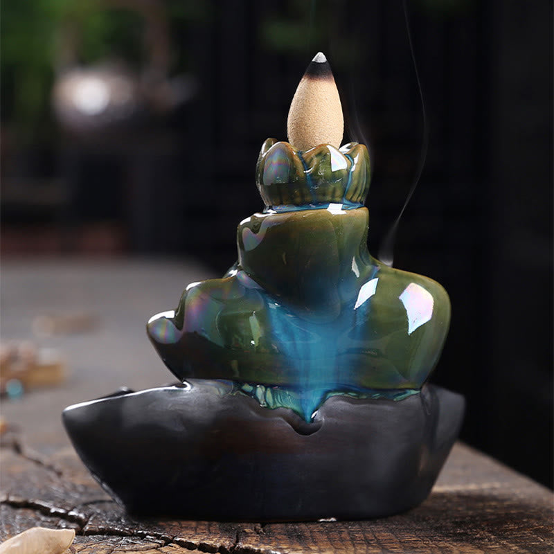Lotus Leaf Koi Fish Ceramic Backflow Smoke Fountain Peace Incense Burner Decoration