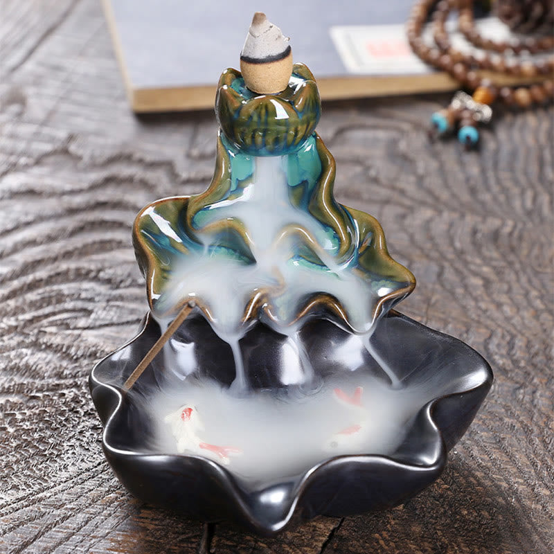 Lotus Leaf Koi Fish Ceramic Backflow Smoke Fountain Peace Incense Burner Decoration