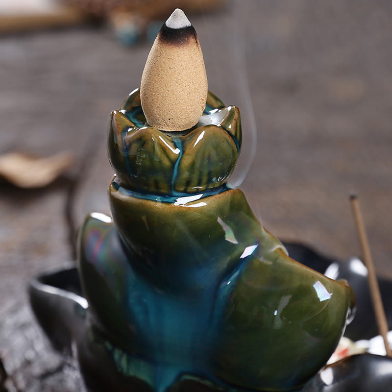 Lotus Leaf Koi Fish Ceramic Backflow Smoke Fountain Peace Incense Burner Decoration