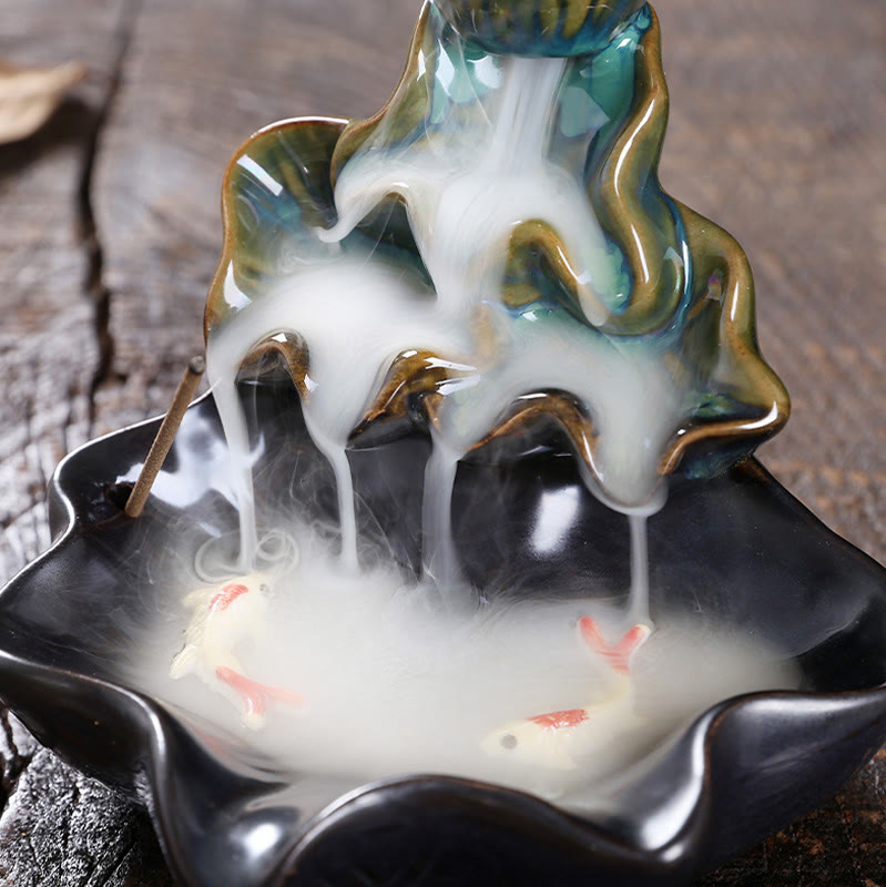 Lotus Leaf Koi Fish Ceramic Backflow Smoke Fountain Peace Incense Burner Decoration