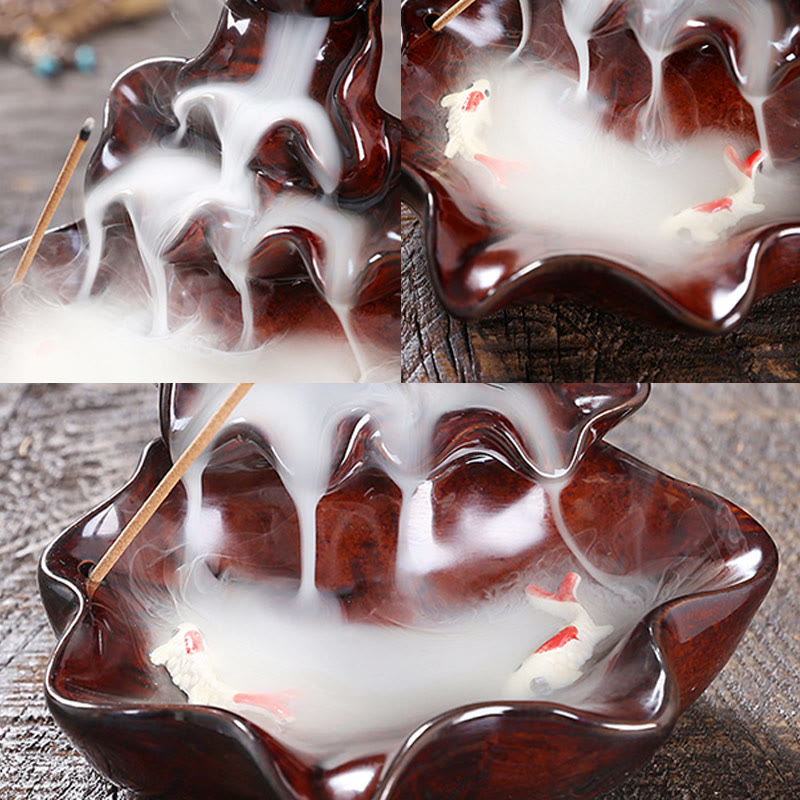 Lotus Leaf Koi Fish Ceramic Backflow Smoke Fountain Peace Incense Burner Decoration