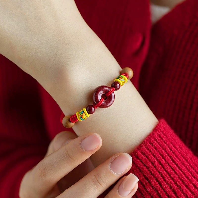 Red String Peach Wood Peace Buckle Cinnabar Protection Adult Kid Bracelet