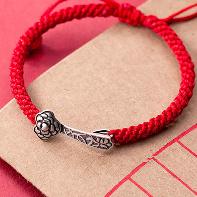 Retro 925 Sterling Silver Ruyi As One Wishes Red String Braided Luck Bracelet