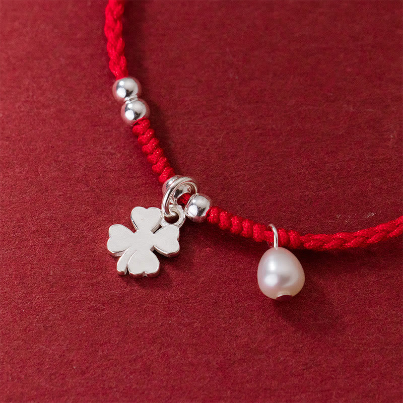 Retro 925 Sterling Silver Four Leaf Clover Pearl Luck Red String Bracelet