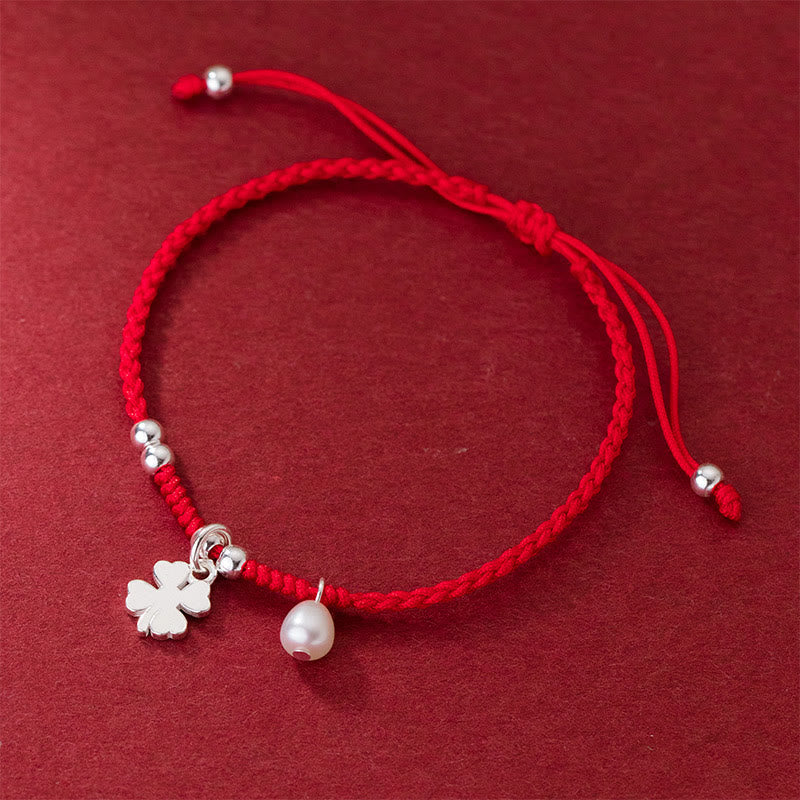 Retro 925 Sterling Silver Four Leaf Clover Pearl Luck Red String Bracelet