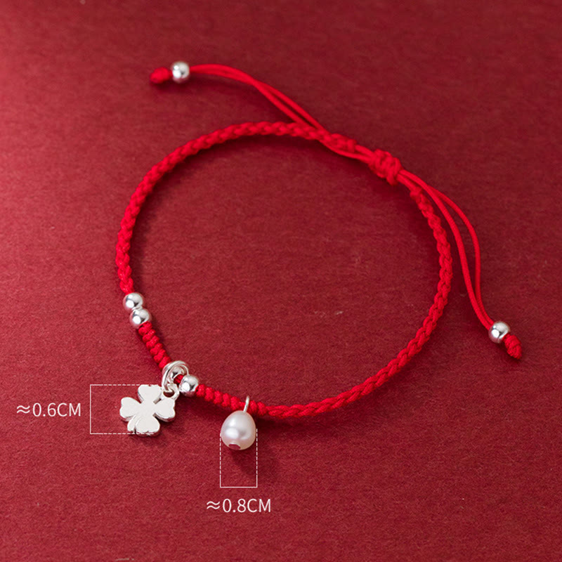 Retro 925 Sterling Silver Four Leaf Clover Pearl Luck Red String Bracelet