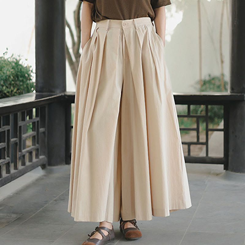 Casual Plain Loose Cotton Women's Wide Leg Pants With Pockets