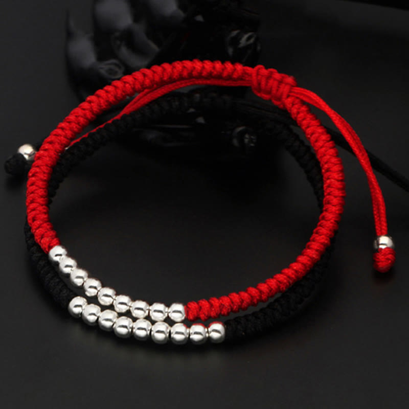 Retro 925 Sterling Silver Simple Beads Knot Design Luck String Bracelet