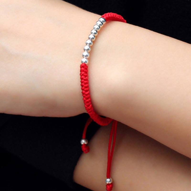 Retro 925 Sterling Silver Simple Beads Knot Design Luck String Bracelet