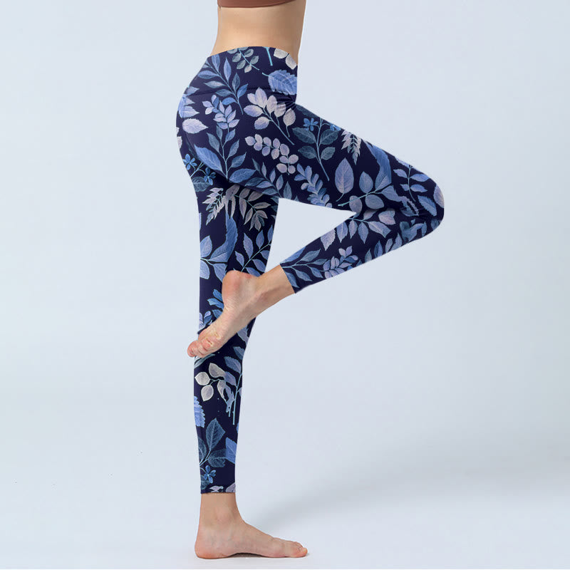 Purple Leaves Print Gym Leggings Women's Yoga Pants
