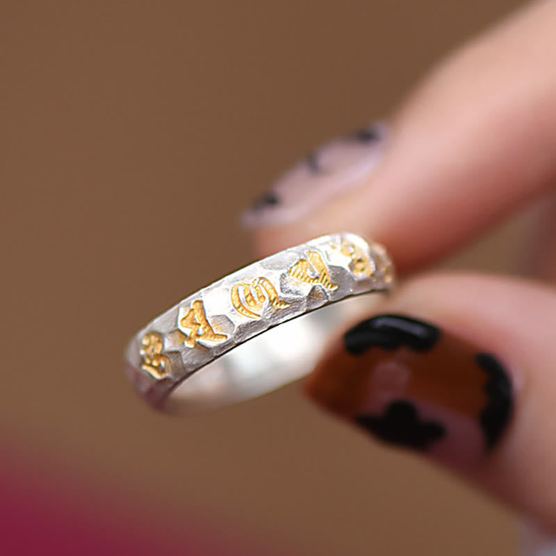 Hammer Pattern Om Mani Padme Hum Copper Plated Silver Wealth Ring