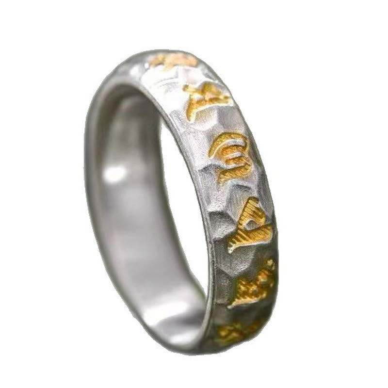 Hammer Pattern Om Mani Padme Hum Copper Plated Silver Wealth Ring