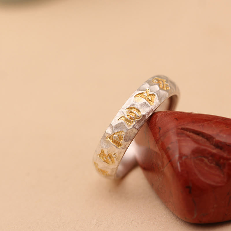 Hammer Pattern Om Mani Padme Hum Copper Plated Silver Wealth Ring