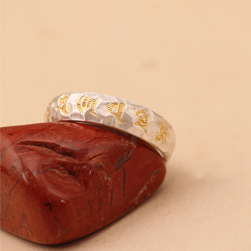 Hammer Pattern Om Mani Padme Hum Copper Plated Silver Wealth Ring