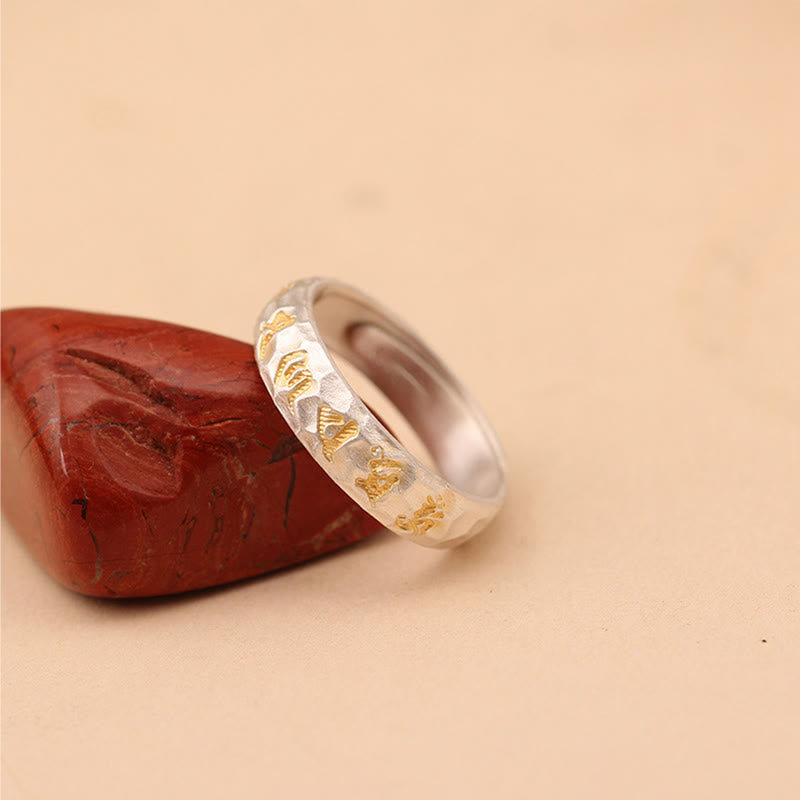 Hammer Pattern Om Mani Padme Hum Copper Plated Silver Wealth Ring