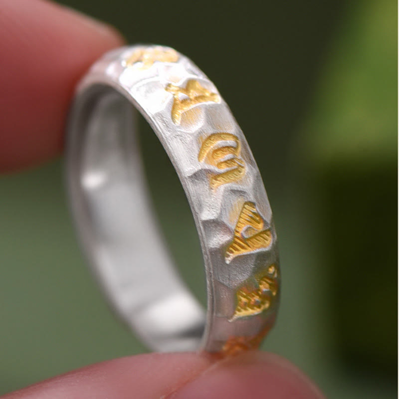 Hammer Pattern Om Mani Padme Hum Copper Plated Silver Wealth Ring