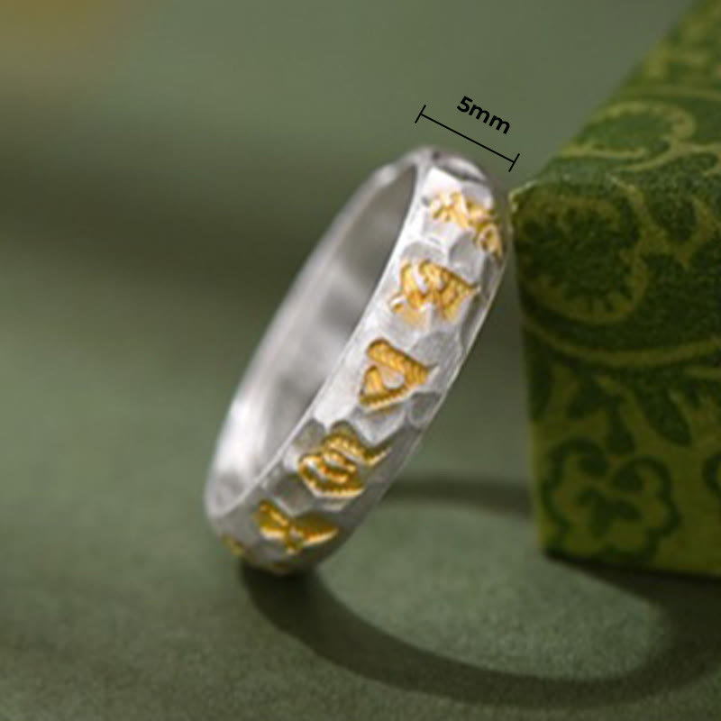 999 Sterling Silver Hammer Pattern Om Mani Padme Hum Balance Ring