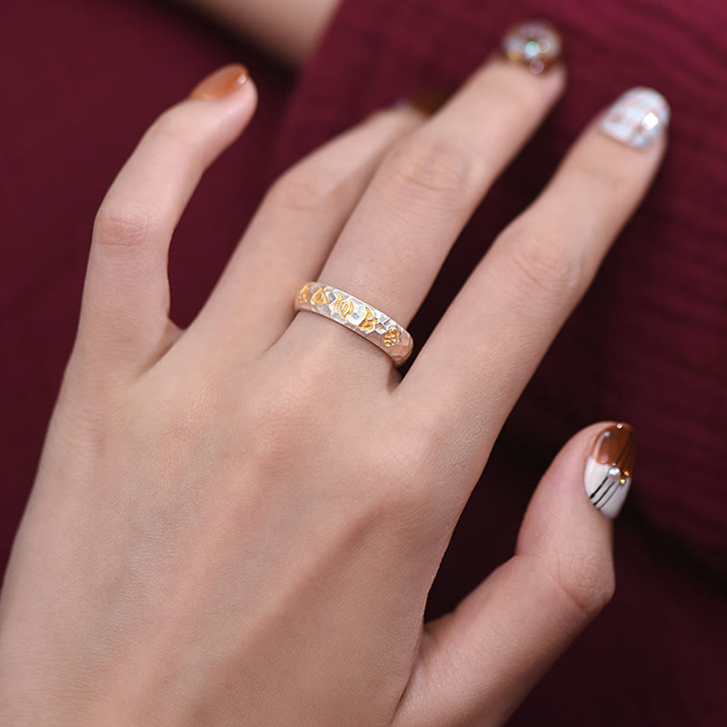 999 Sterling Silver Hammer Pattern Om Mani Padme Hum Balance Ring
