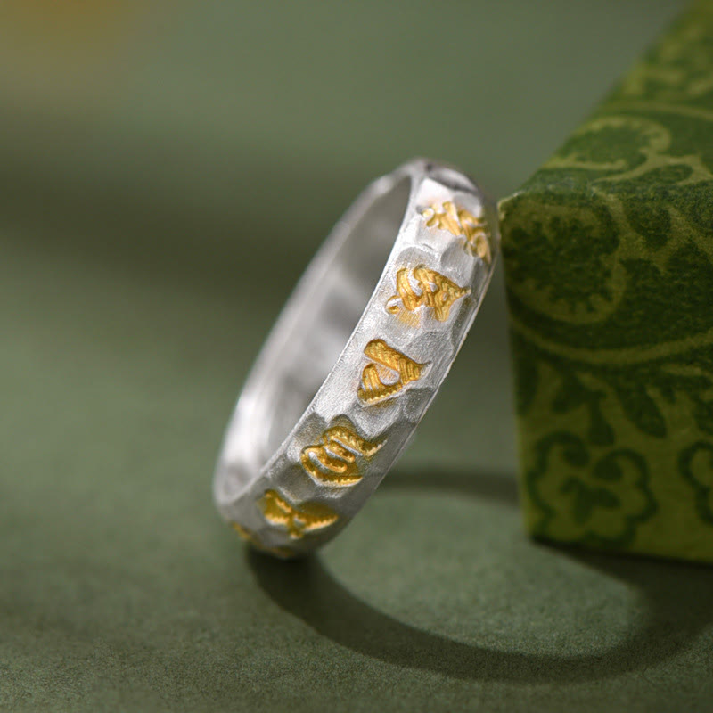 999 Sterling Silver Hammer Pattern Om Mani Padme Hum Balance Ring