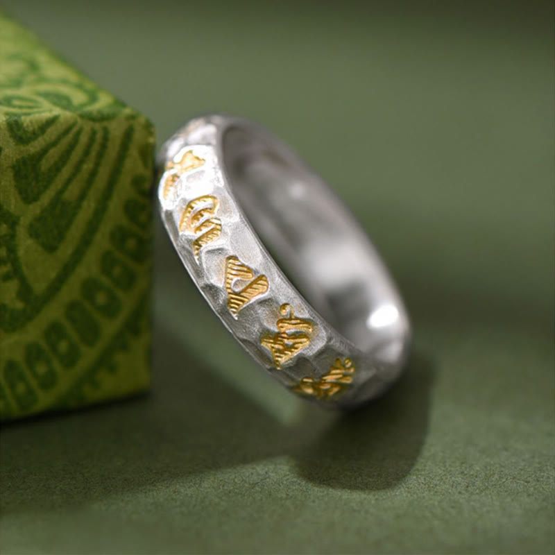 999 Sterling Silver Hammer Pattern Om Mani Padme Hum Balance Ring
