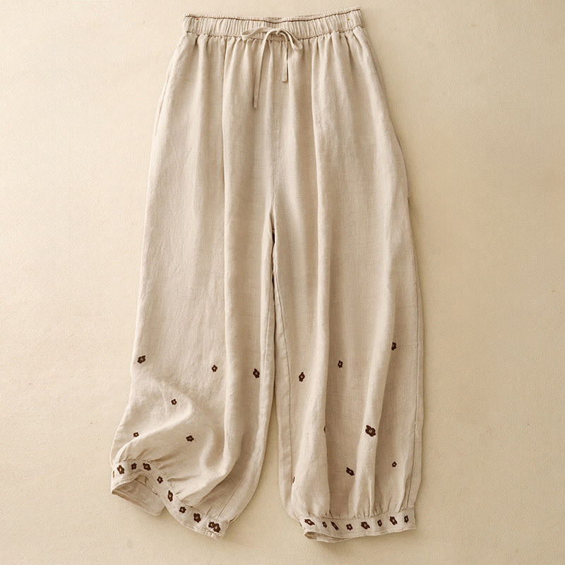 Casual Embroidered Petals Women's Cotton Linen 7-8 Length Harem Pants With Pockets