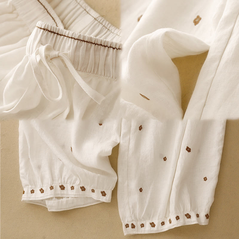 Casual Embroidered Petals Women's Cotton Linen 7-8 Length Harem Pants With Pockets