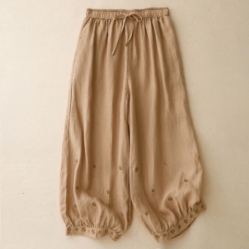 Casual Embroidered Petals Women's Cotton Linen 7-8 Length Harem Pants With Pockets