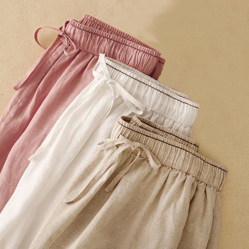 Casual Embroidered Petals Women's Cotton Linen 7-8 Length Harem Pants With Pockets