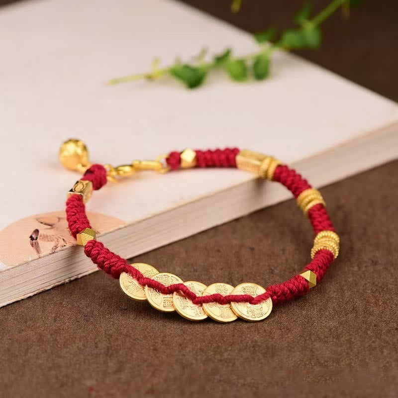 Handmade Five Emperor Coins Wealth String Braided Bracelet