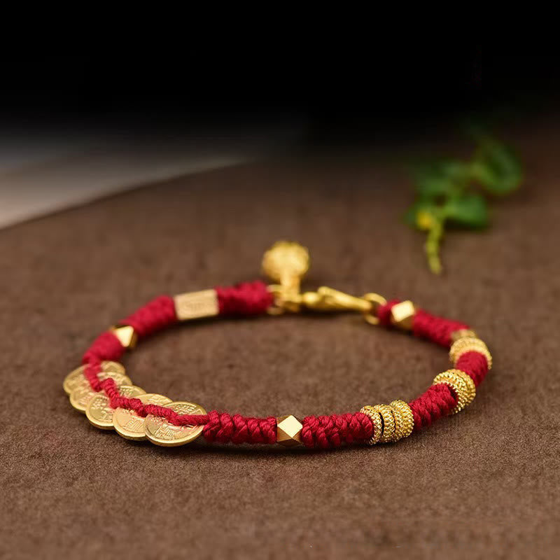 Handmade Five Emperor Coins Wealth String Braided Bracelet