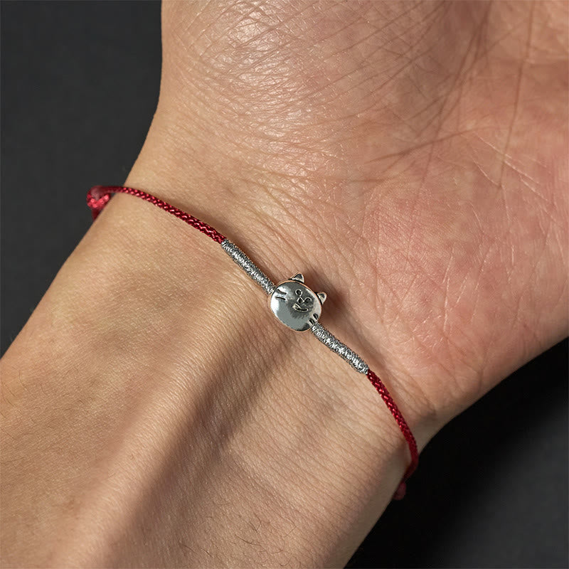 925 Sterling Silver Cute Cat Red String Braided Bracelet