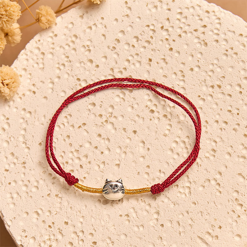 925 Sterling Silver Cute Cat Red String Braided Bracelet