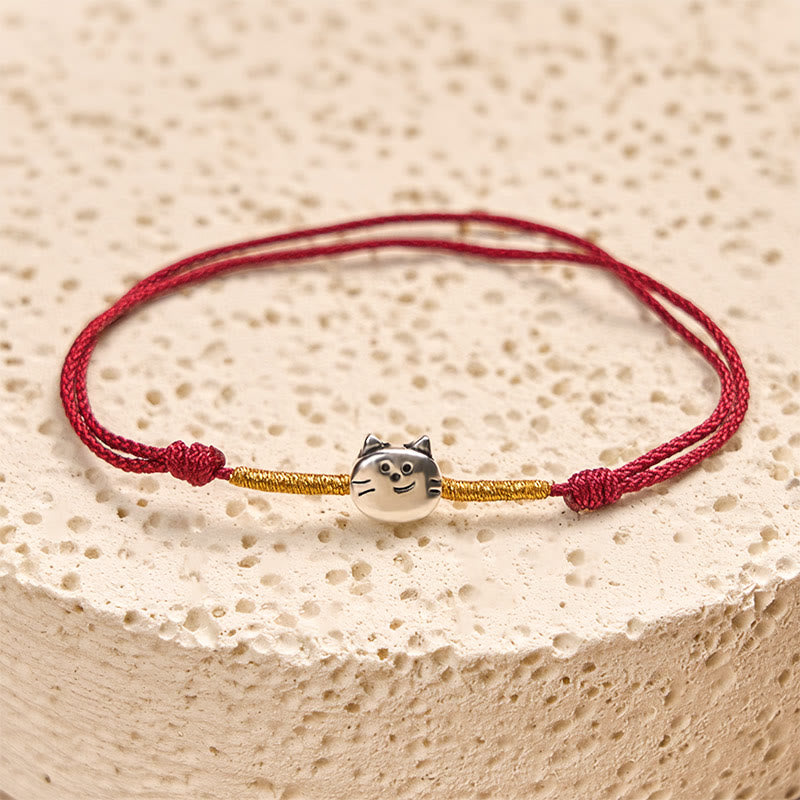 925 Sterling Silver Cute Cat Red String Braided Bracelet