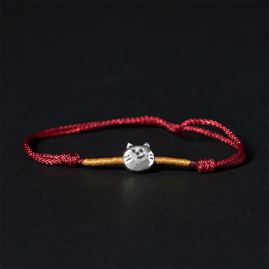 925 Sterling Silver Cute Cat Red String Braided Bracelet