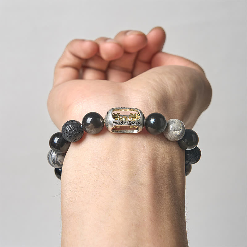 Silver Sheen Obsidian Lava Rock Grey Jasper Om Mani Padme Hum Vajra Soothing Bracelet
